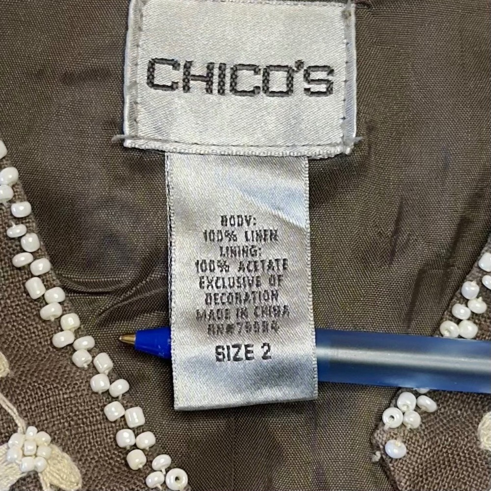 Chicos Linen‎ Taupe & Cream Floral Embroidery Jacket Size Large Chicos 2 Boho - Picture 3 of 12